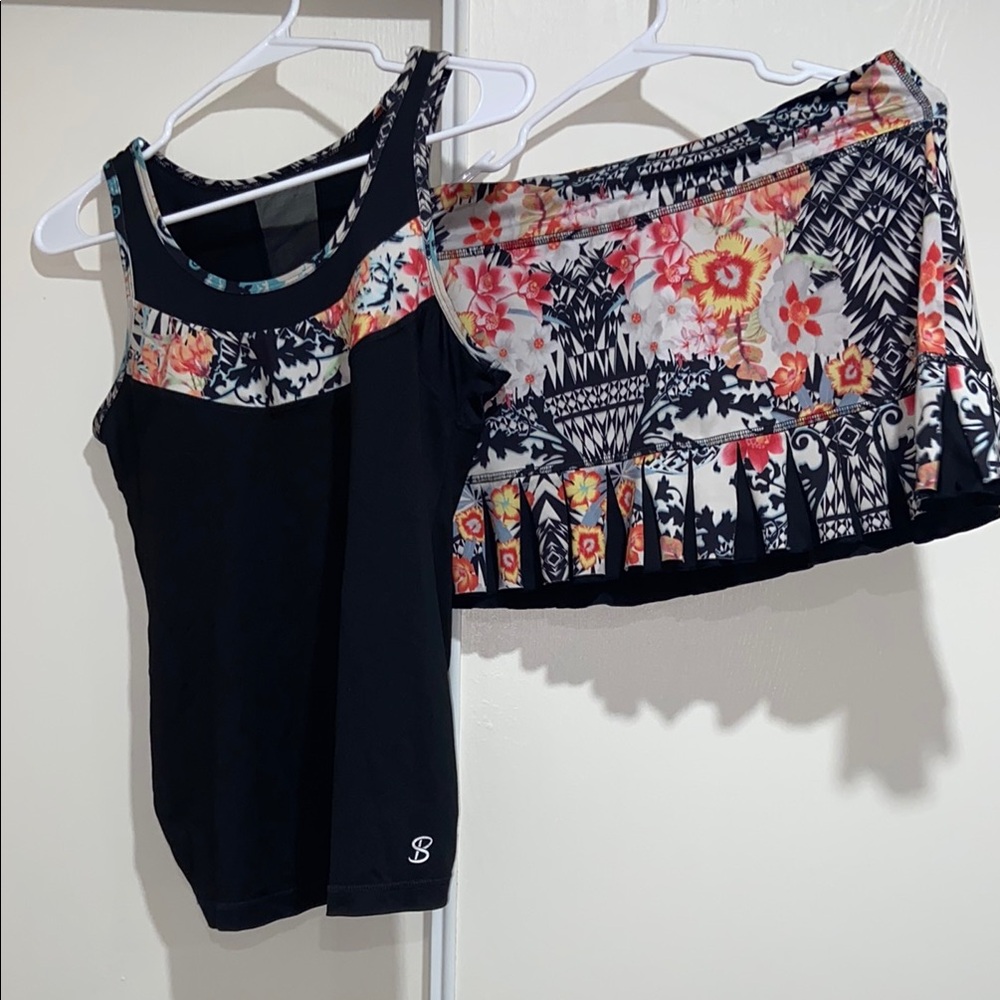 Black Floral Tank Top and Skirt Set